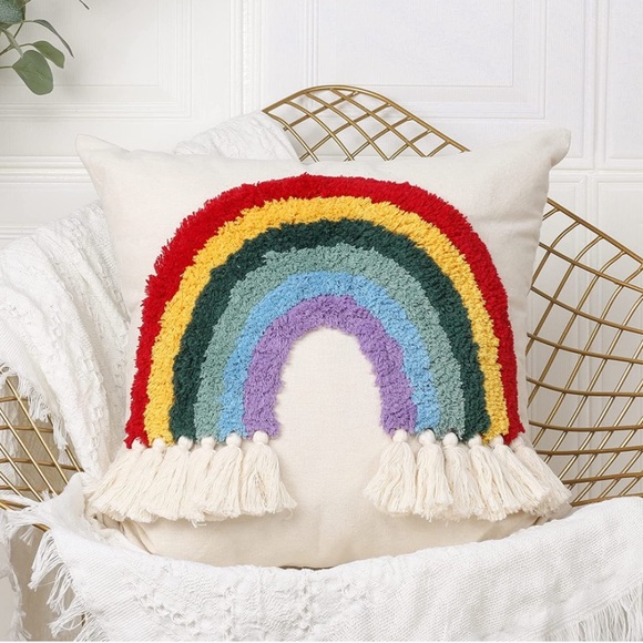 1 Pc Rainbow Throw Pillow Cover Boho Tassels - Picture 2 of 7